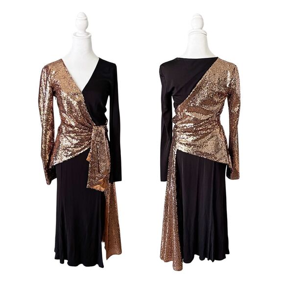 Prabal Gurung Sequin Wrap Midi Dress 4 Gold Black NWT - Picture 3 of 15